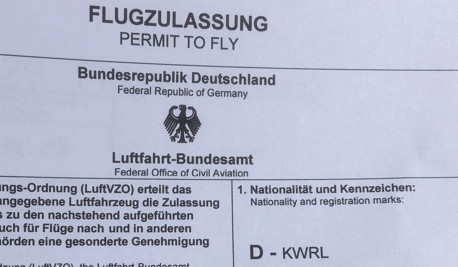 Permit to Fly Ausstellung für die FVA 29 durch das Luftfahrt-Bundesamt!